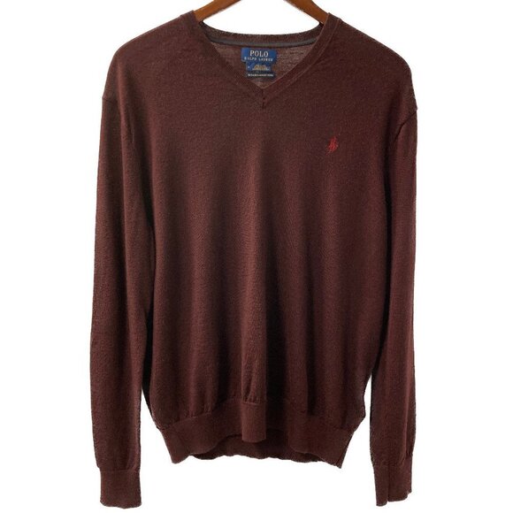 Polo Ralph Lauren Maroon Washable Merino Wool V-Neck Sweater Size Medium - Picture 1 of 6